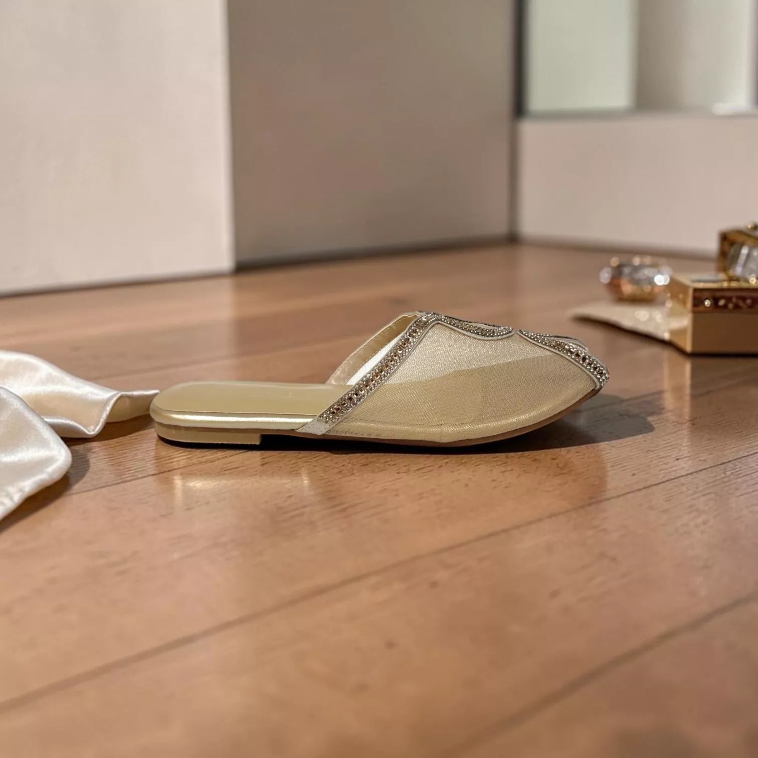 Embellished Mesh Flat Mules-1097